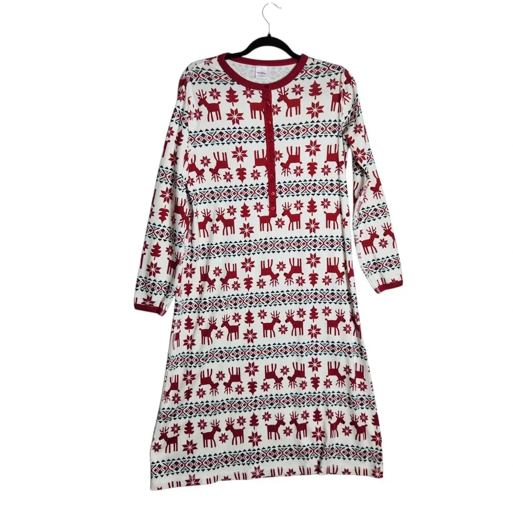Hanna Andersson Reindeer Fair Isle Organic Cotton Nightgown Red Cream Medium
